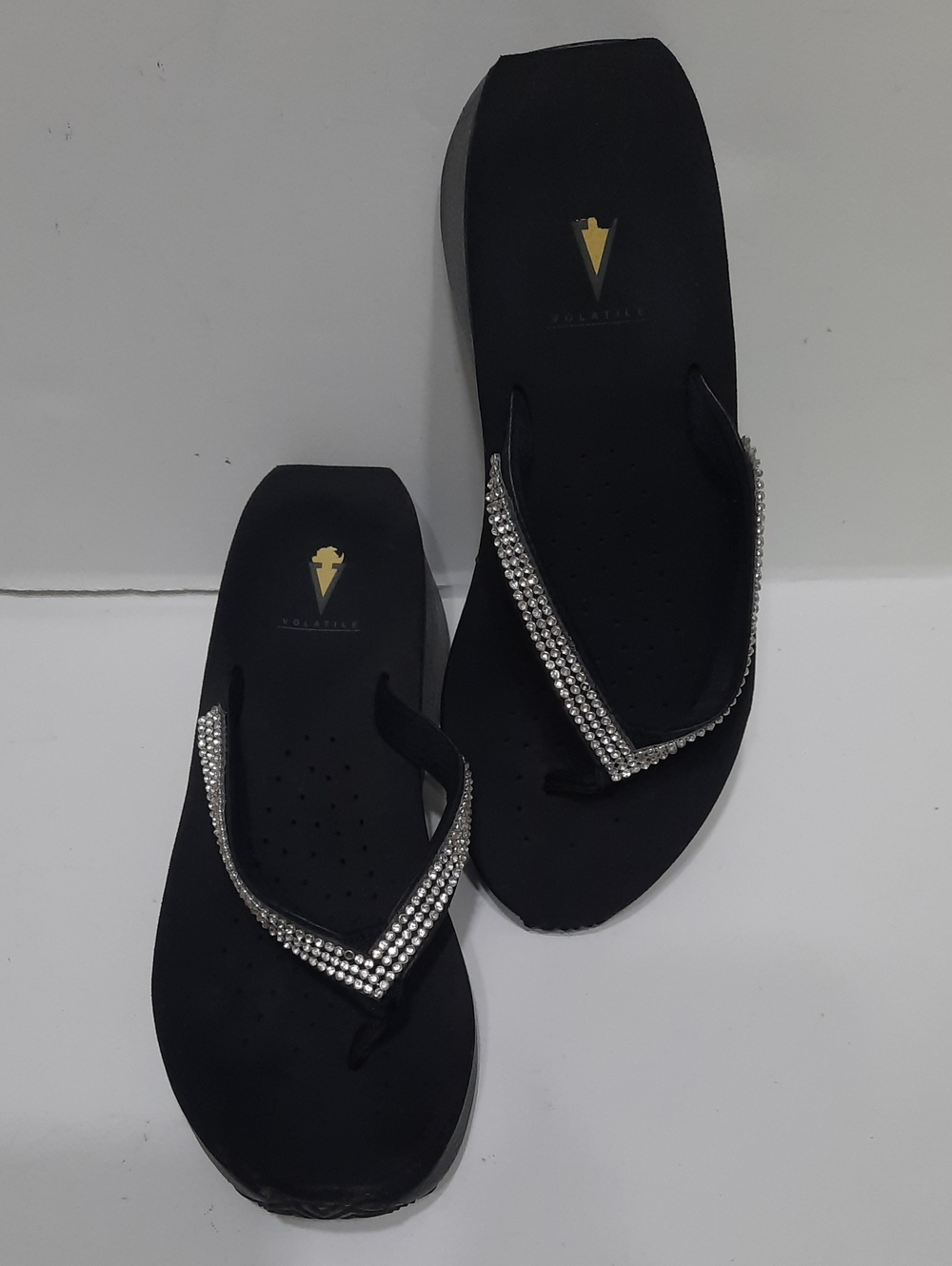 Volatile Black Rhinestone Thong Sandals